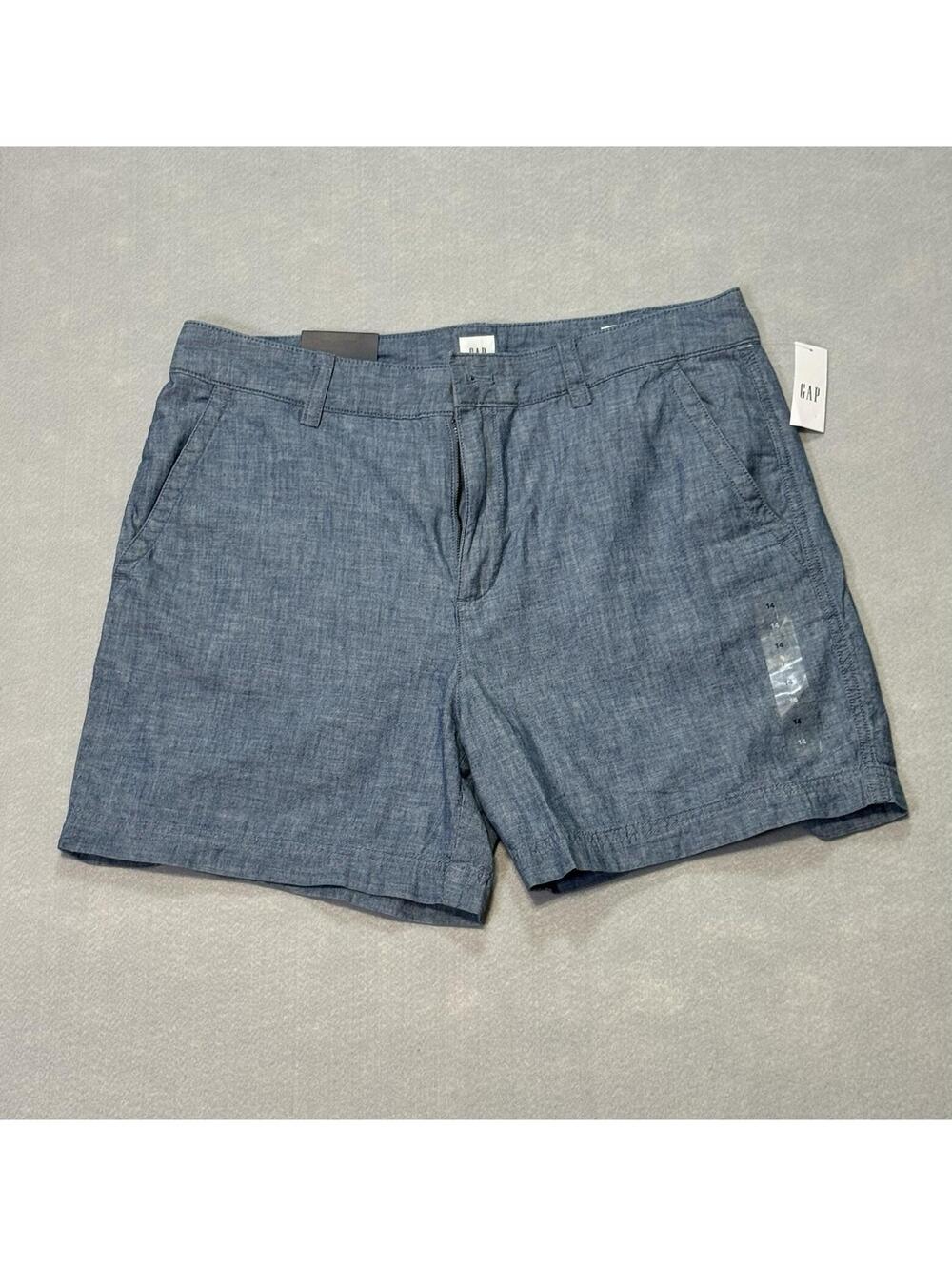 Gap Girlfriend Khaki Shorts High Rise Blue Linen Cotton Size 14 Pockets